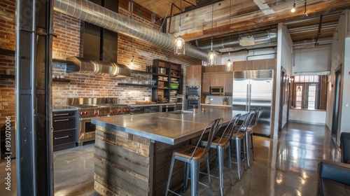 Spacious loft kitchen with high ceilings, metal accents, and a central island with bar seating.