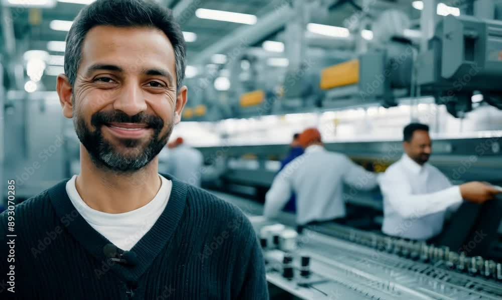 Medium shot portrait video of a grinning man in his 40s that is wearing a chic cardigan against a busy factory assembly line with workers background Medium shot portrait video of a grinning man in his 40s that is wearing a chic cardigan against a busy factory assembly line with workers background