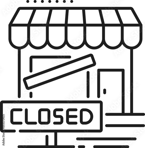 Business go bankruptcy icon, economic crisis and money loss, downturn symbol, features closed store, kiosk, or shop building. Isolated vector linear sign of financial distress, wrong niche selection