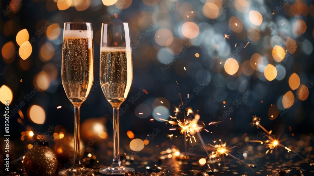 The image depicts a celebratory New Year scene with two champagne glasses against a sparkling bokeh background, featuring festive sparklers and decorations. The image depicts a celebratory New Year scene with two champagne glasses against a sparkling bokeh background, featuring festive sparklers and decorations.