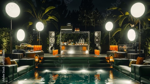 Chic poolside event with dark green modular seating, orange drinks, premium food stand, and a high-end silver sound system surrounded by large flash lights at night photo