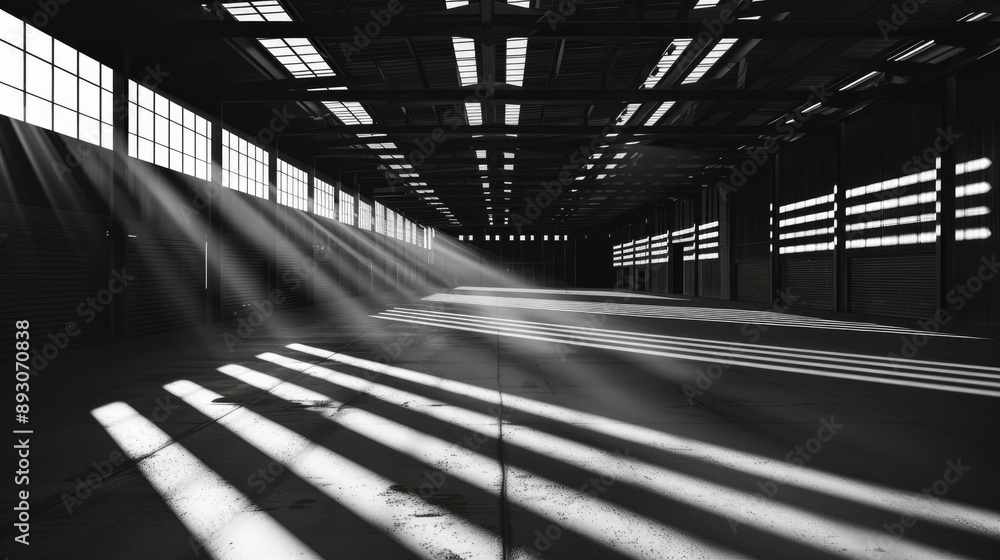 Empty warehouse with dramatic lighting and shadows Empty warehouse with dramatic lighting and shadows
