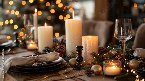 A vibrant New Year celebration background featuring elegant table settings with sparkling candles, festive champagne, shiny ornaments, and warm fairy lights bringing a cozy ambiance.