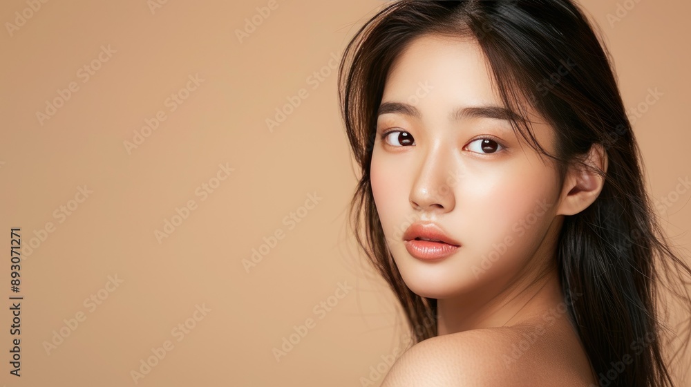 Young Asian beauty woman with perfect skin, Korean makeup style, long hair, isolated on beige background, facial treatment focus Young Asian beauty woman with perfect skin, Korean makeup style, long hair, isolated on beige background, facial treatment focus
