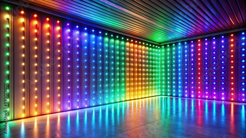 Interior wall illuminated with colorful lights, interior, wall, colored, lights, vibrant, illuminated, decoration, design