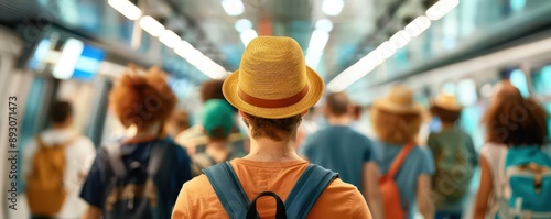 Rear view of a man in a hat, on a subway platform, surrounded by other commuters photo