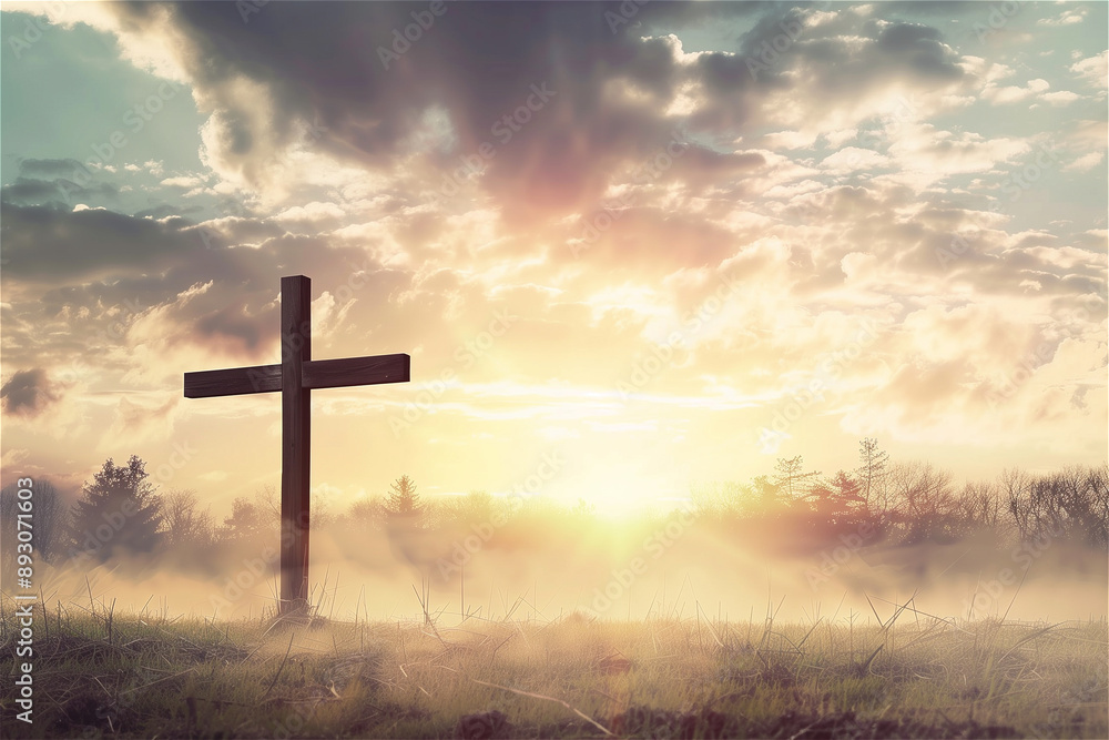 Bible series-the silhouette of a hillside cross with wild flowers Bible series-the silhouette of a hillside cross with wild flowers