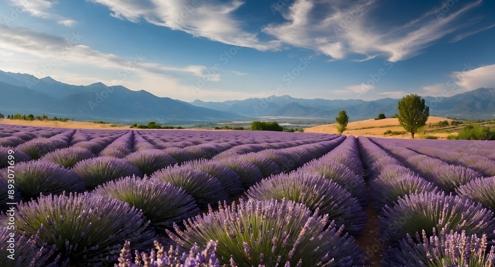 Beautiful big lavender field with mountains in the background. Ai Generative. Beautiful big lavender field with mountains in the background. Ai Generative.