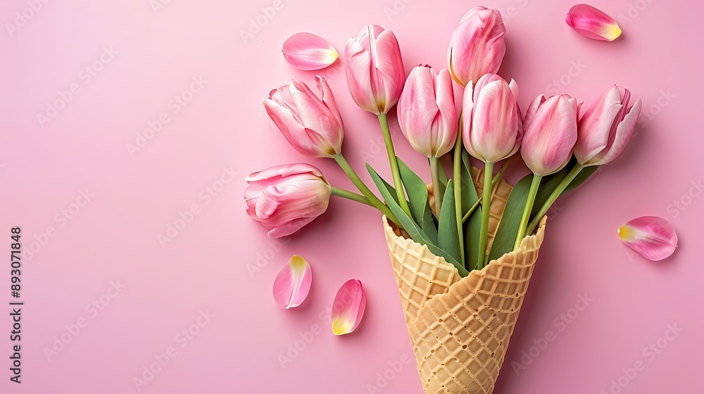 Wafer cone with tulips on a pink background Wafer cone with tulips on a pink background