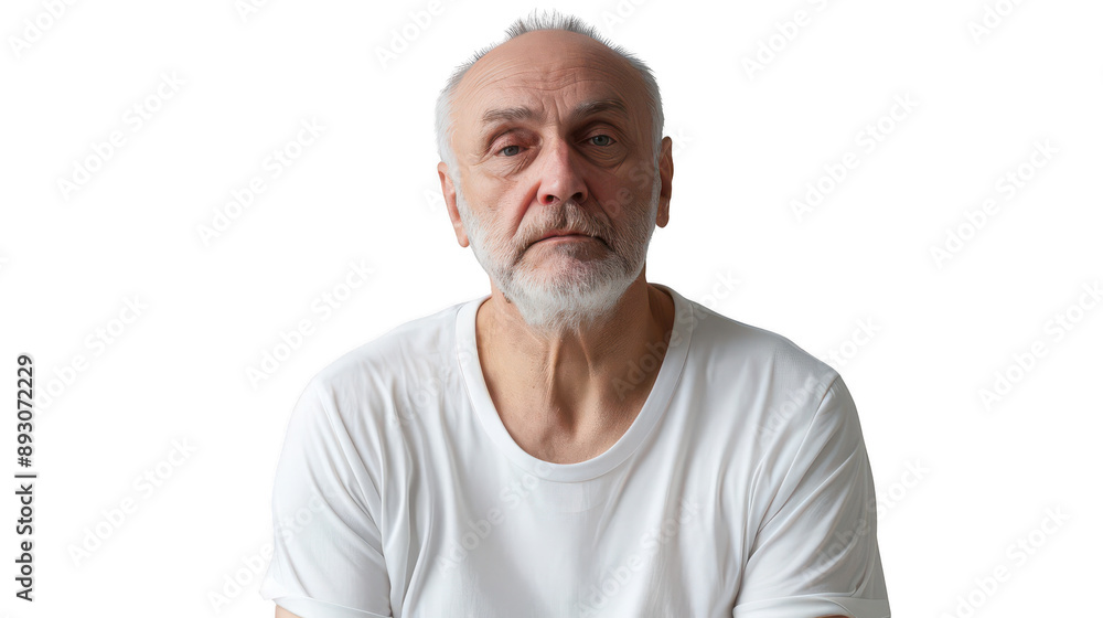 Half body portrait of a thoughtful Russian artist in his 50s in a white T-shirt Half body portrait of a thoughtful Russian artist in his 50s in a white T-shirt
