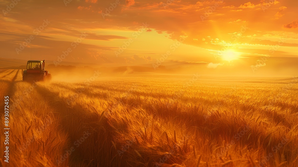 Fototapeta premium A Tractor Driving Through a Field at Sunset With the Sun Setting In the Background - Generative AI