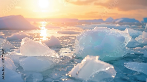 The setting sun bathes the ice floes in a soft, golden light, creating a scene of serene beauty