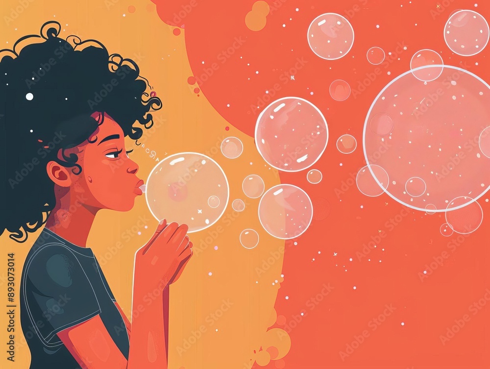 Fototapeta premium Person blowing bubbles with each bubble containing a positive thought, World Mental Health Day Illustration Style, Positive Thoughts