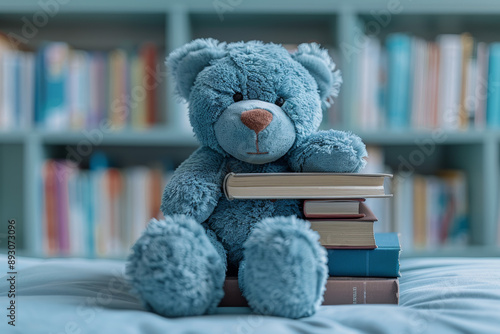 Blue teddy bear sitting on a pile of books in a children's room, symbolizing pediatric care, learning, and comfort, soft plush toy creating a warm and inviting environment for young patients 