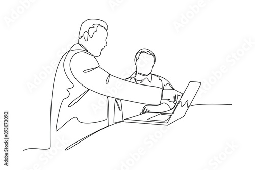 continues line employee presentation with boss in office pointing towards laptop. one line art illustration