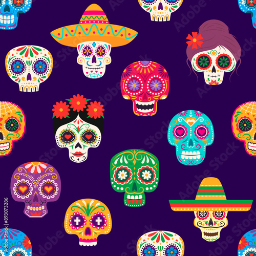 Day of Dead mexican calavera skulls. Dia de Los Muertos seamless pattern. Mexican traditional holiday, carnival or festival background, fabric Day of Dead vector seamless print with Catarina skulls