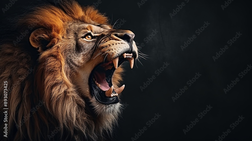 Naklejka premium Roaring Lion Portrait Against a Dark Background