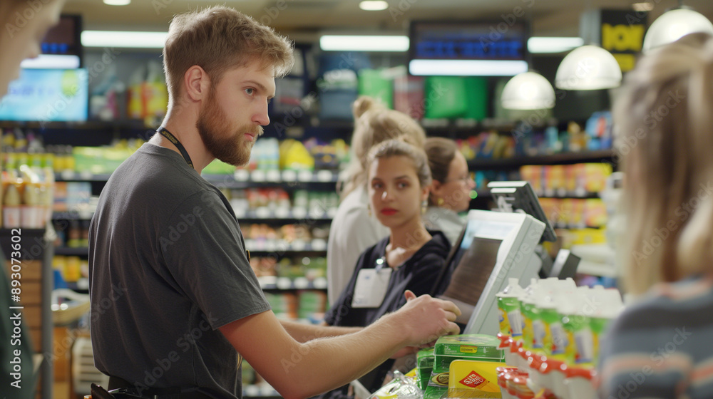 A Retail assisting customers, stocking shelves, or working at the checkout counter in a store environment A Retail assisting customers, stocking shelves, or working at the checkout counter in a store environment