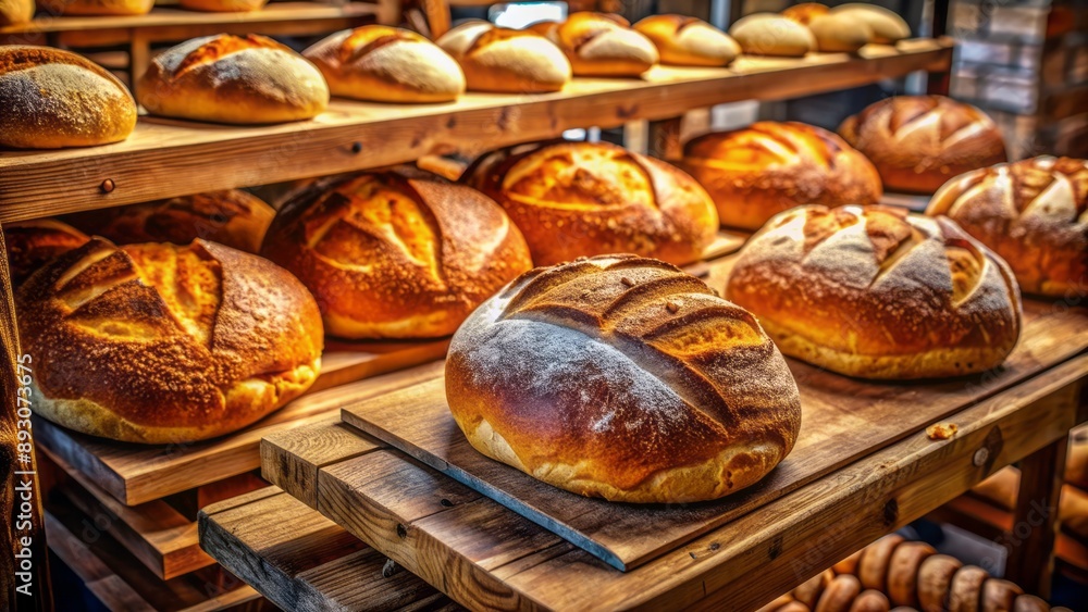 Freshly baked golden brown loaves of artisanal bread arranged neatly on wooden oven trays in a cozy rustic bakery atmosphere. Freshly baked golden brown loaves of artisanal bread arranged neatly on wooden oven trays in a cozy rustic bakery atmosphere.