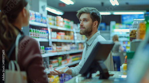 A Retail assisting customers, stocking shelves, or working at the checkout counter in a store environment Free Download A Retail assisting customers, stocking shelves, or working at the checkout counter in a store environment - GFXLoad