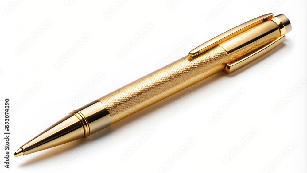 Luxurious gold tone ballpoint pen lies horizontally on a pristine white background, emphasizing its sleek design and refined writing experience. Luxurious gold tone ballpoint pen lies horizontally on a pristine white background, emphasizing its sleek design and refined writing experience.