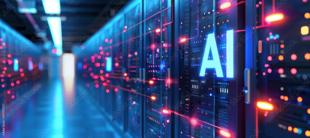 AI servers in data center on blurry dark background AI servers in data center on blurry dark background