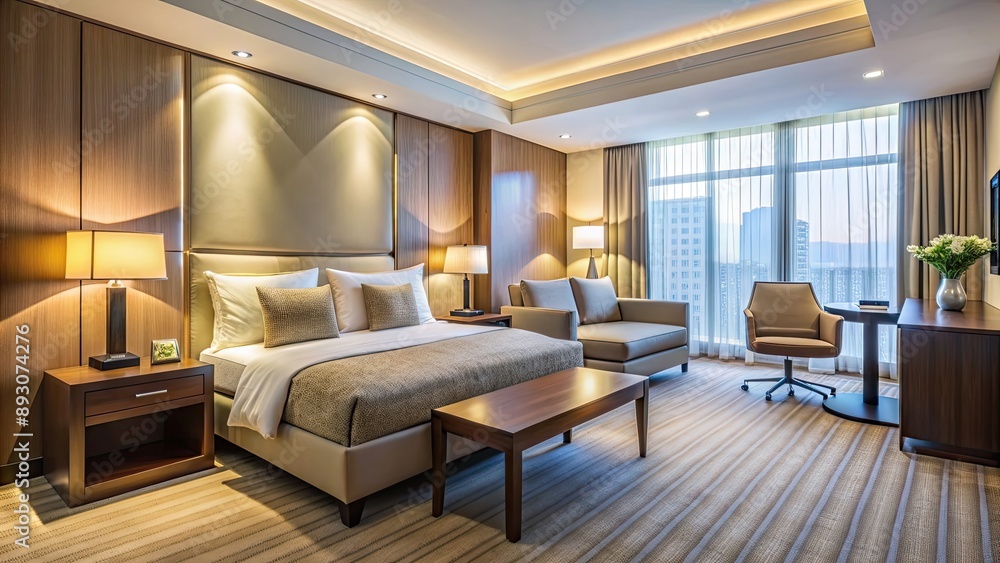 Cozy hotel room with modern furniture and soft lighting, hotel, room, interior, cozy, modern, furniture, soft, lighting Cozy hotel room with modern furniture and soft lighting, hotel, room, interior, cozy, modern, furniture, soft, lighting