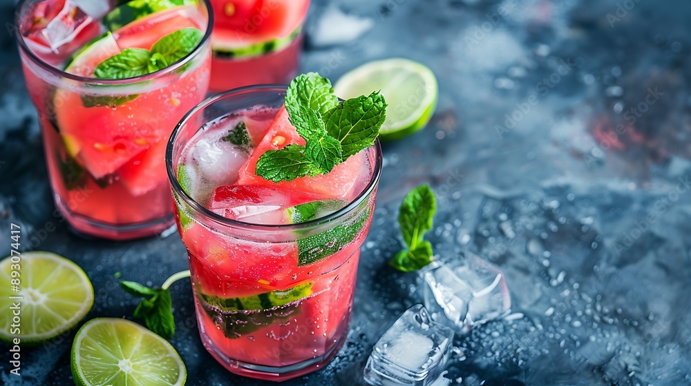 Watermelon lemonade with lime and fresh mint leaves Watermelon lemonade with lime and fresh mint leaves