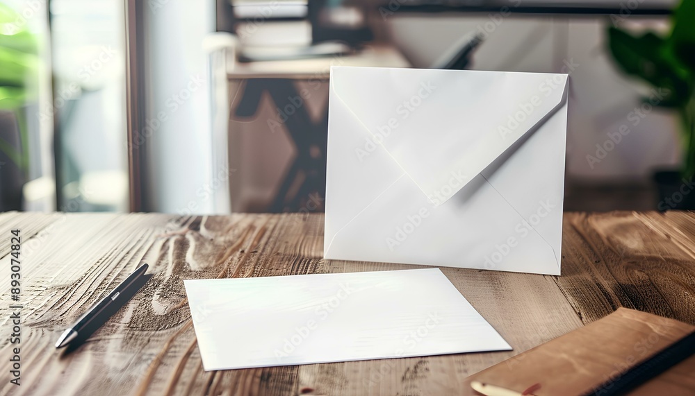 Blank paper and a blank white envelope lay on the modern office desk for resign work , mockup Blank paper and a blank white envelope lay on the modern office desk for resign work , mockup
