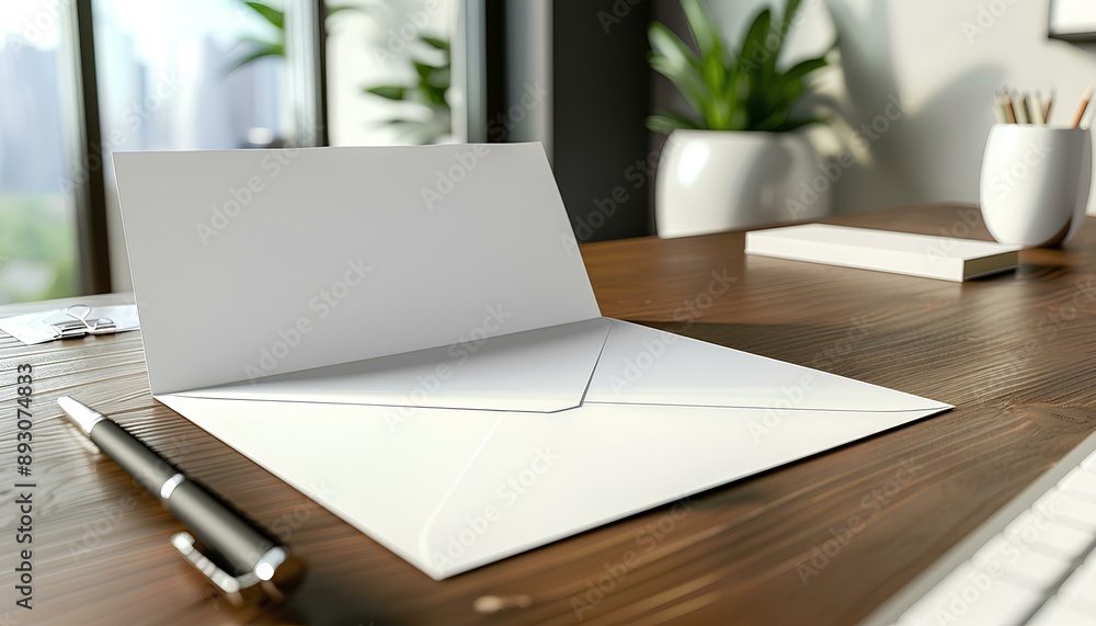 Blank paper and a blank white envelope lay on the modern office desk for resign work , mockup Blank paper and a blank white envelope lay on the modern office desk for resign work , mockup