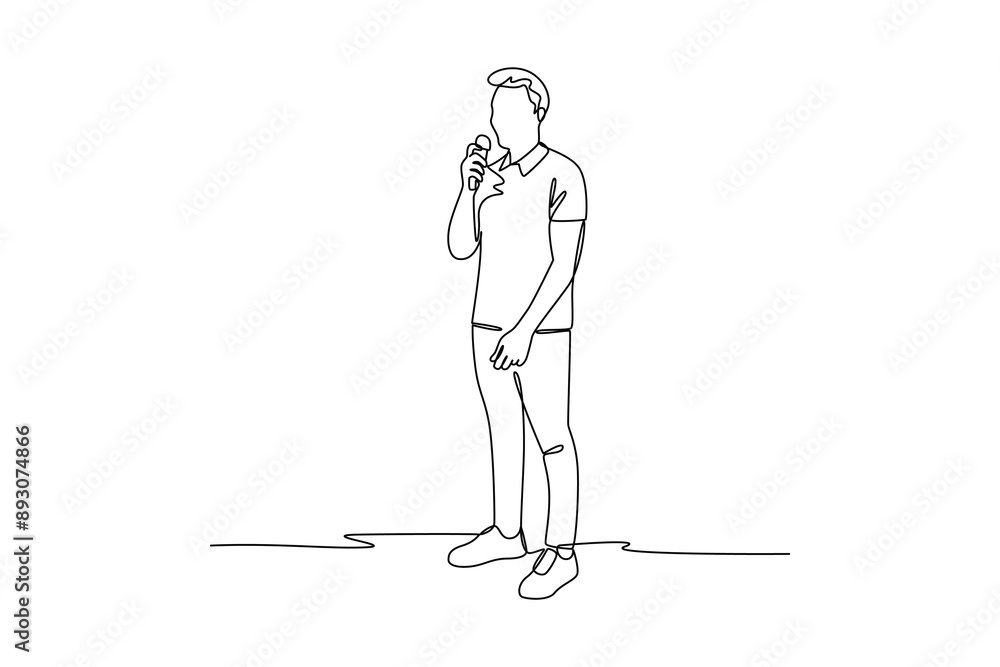 Obraz premium continues line man talking with microphone doing presentation. one line art illustration