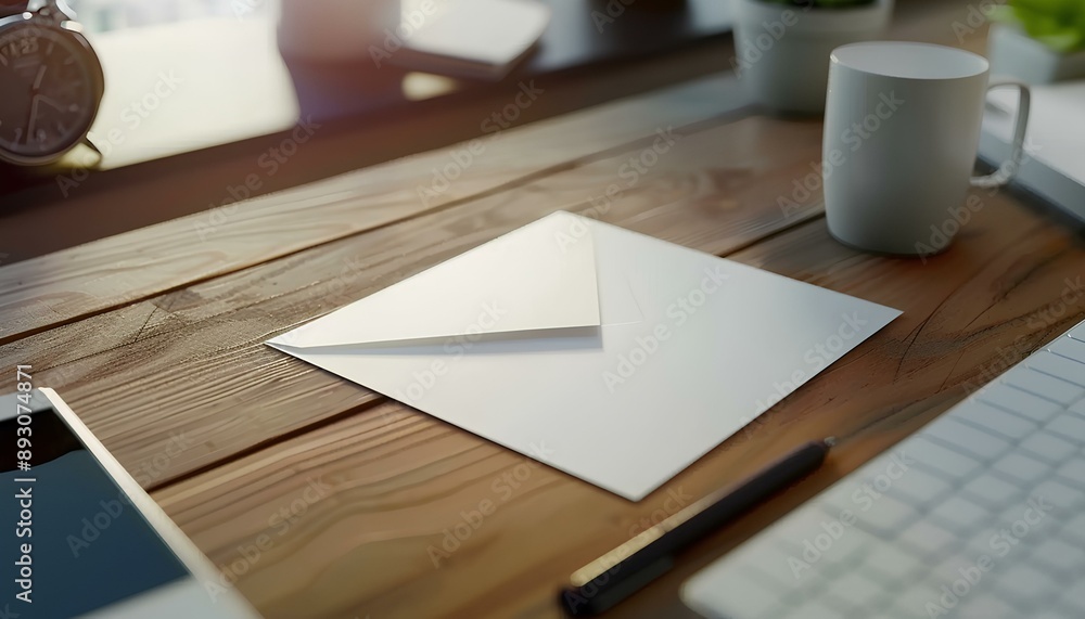 Blank paper and a blank white envelope lay on the modern office desk for resign work , mockup Blank paper and a blank white envelope lay on the modern office desk for resign work , mockup