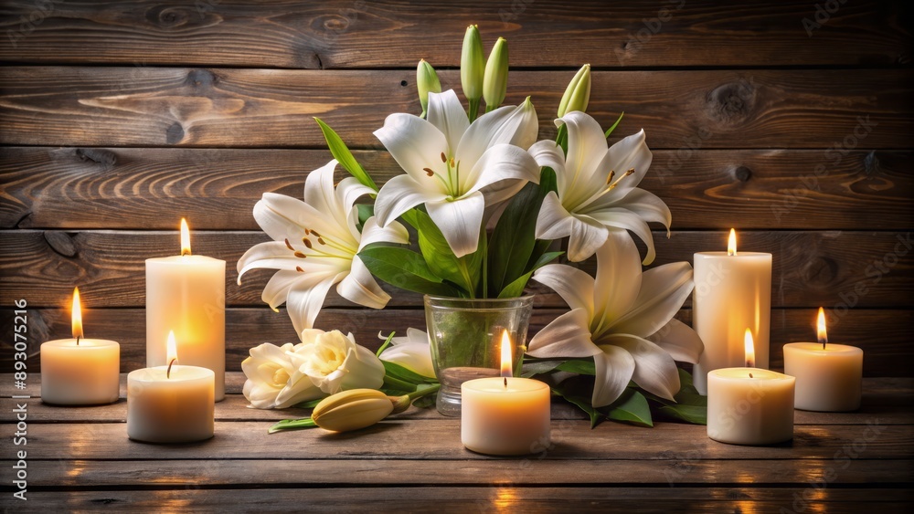 Elegant arrangement of fresh white lilies and softly glowing burning candles on a rustic wooden table in serene ambiance. Elegant arrangement of fresh white lilies and softly glowing burning candles on a rustic wooden table in serene ambiance.