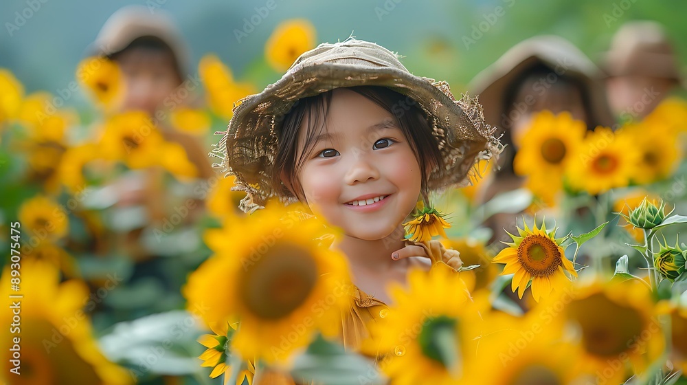 A young child smiles brightly while standing in a vibrant sunflower field, wearing a rustic straw hat, capturing a moment of pure joy and nature's beauty; perfect for family A young child smiles brightly while standing in a vibrant sunflower field, wearing a rustic straw hat, capturing a moment of pure joy and nature's beauty; perfect for family