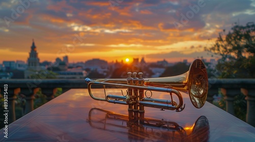 A Brass Trumpet Sitting on Top of a Table in Front of a Beautiful Sunset - Generative AI