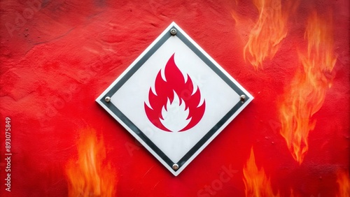 Warning sign with white flammable symbol on bright red background indicating hazardous materials and dangerous chemical substances handling precaution.