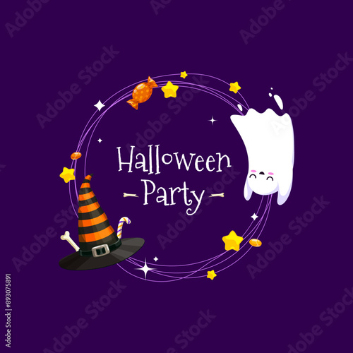 Halloween frame with kawaii ghost, holiday sweets candies, and witch hat. Vector border with cute spook character celebrate party night with eerie delights, thrills, creepy chills, and ghostly fun