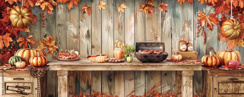 Fototapeta premium An autumn harvest festival with a grill station, seasonal decorations, pumpkins and leaves, rustic setting, watercolor style, warm and festive mood