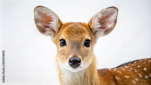 Adorable Chinese water deer with white spots and endearing eyes posed cutely on a pristine white background, showcasing innocence.