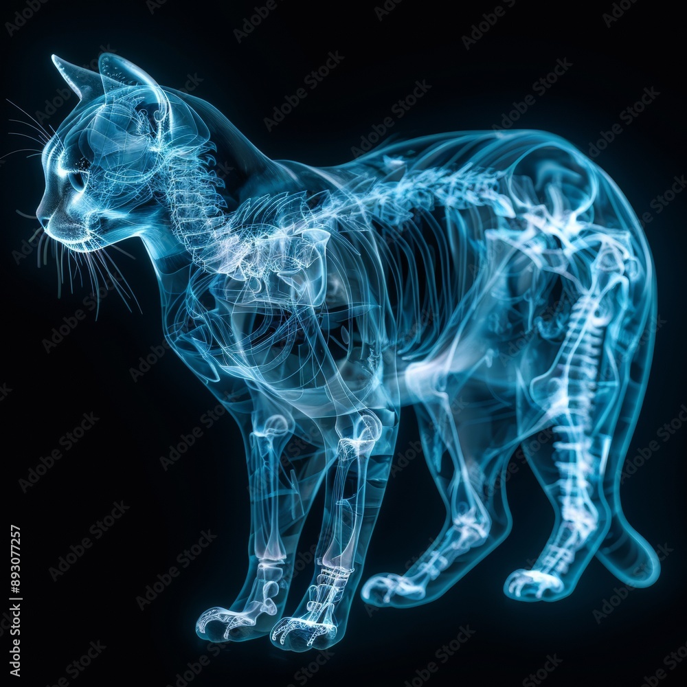 Futuristic Blue Glow: High-Resolution X-Ray of Cat's Skeleton with Neon Lines Digital Render, Sci-Fi Feline Anatomy Study Futuristic Blue Glow: High-Resolution X-Ray of Cat's Skeleton with Neon Lines Digital Render, Sci-Fi Feline Anatomy Study