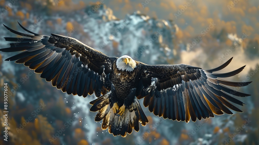 Fototapeta premium A Bald Eagle Soaring Over a Forested Area With Mountains in the Background - Generative AI