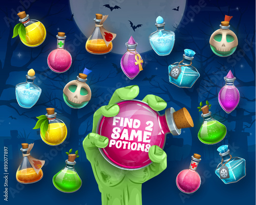 Find two same Halloween magic witch potion bottles. Difference spotting children playing activity, objects compare kids puzzle vector worksheet with zombie hand holding magic potion flask or bottle
