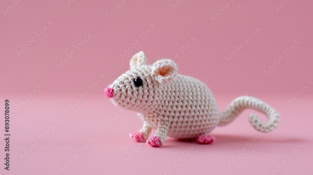 Obraz premium White crocheted rat on a pink background