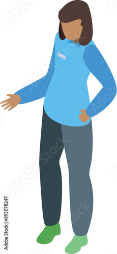 Young shop assistant is gesturing with her hand, welcoming customers