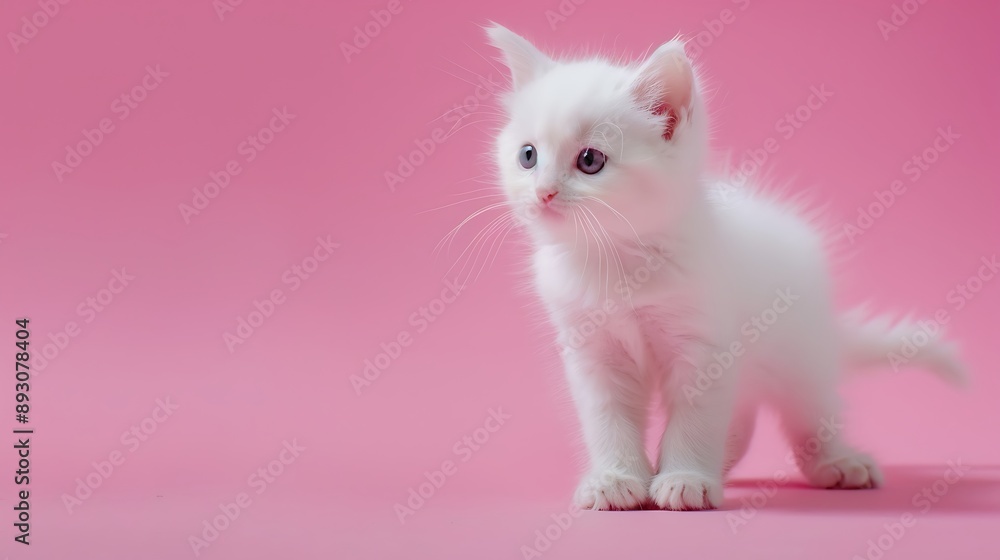 Fototapeta premium White cute small kitten on pink background