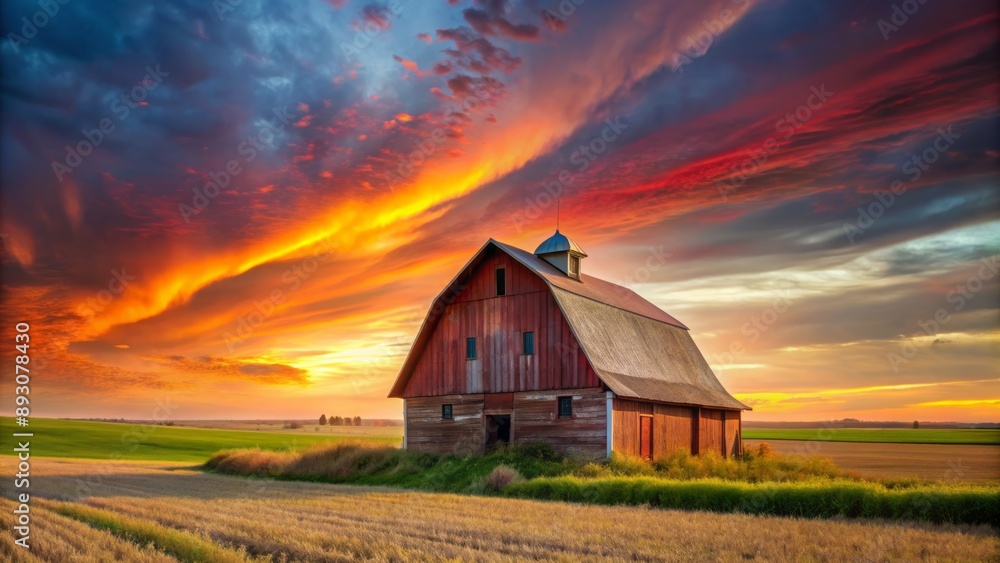 Rustic old barn stands alone beside rolling Kansas farm fields, bathed in vibrant warm light of a breathtaking crimson sunset. Rustic old barn stands alone beside rolling Kansas farm fields, bathed in vibrant warm light of a breathtaking crimson sunset.
