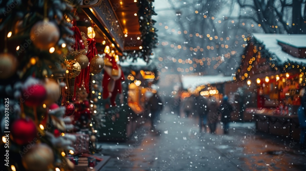 A festive Christmas market scene with twinkling lights, snow, decorated stalls, and ornaments.