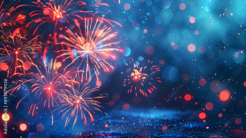 Fototapeta premium A festive New Year background with vibrant fireworks lighting up the night sky.