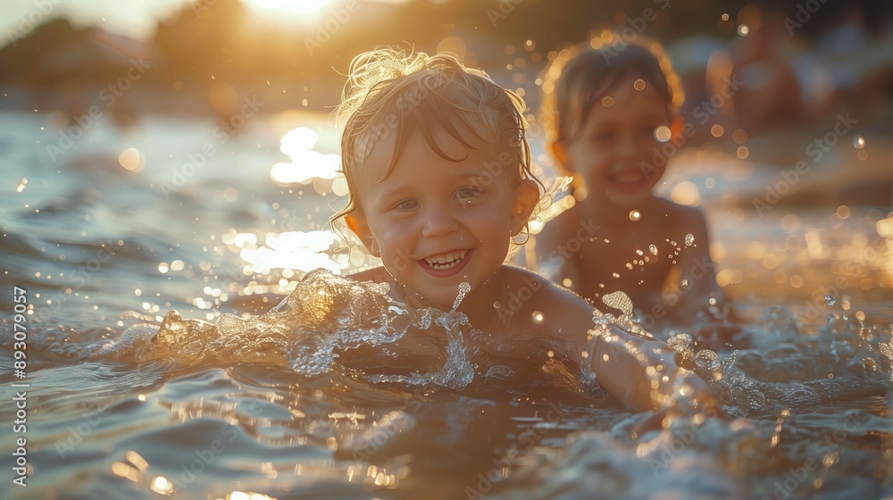 Beach Play. A family playing together in the shallow waves at the beach, building sandcastles and splashing water with joy Beach Play. A family playing together in the shallow waves at the beach, building sandcastles and splashing water with joy