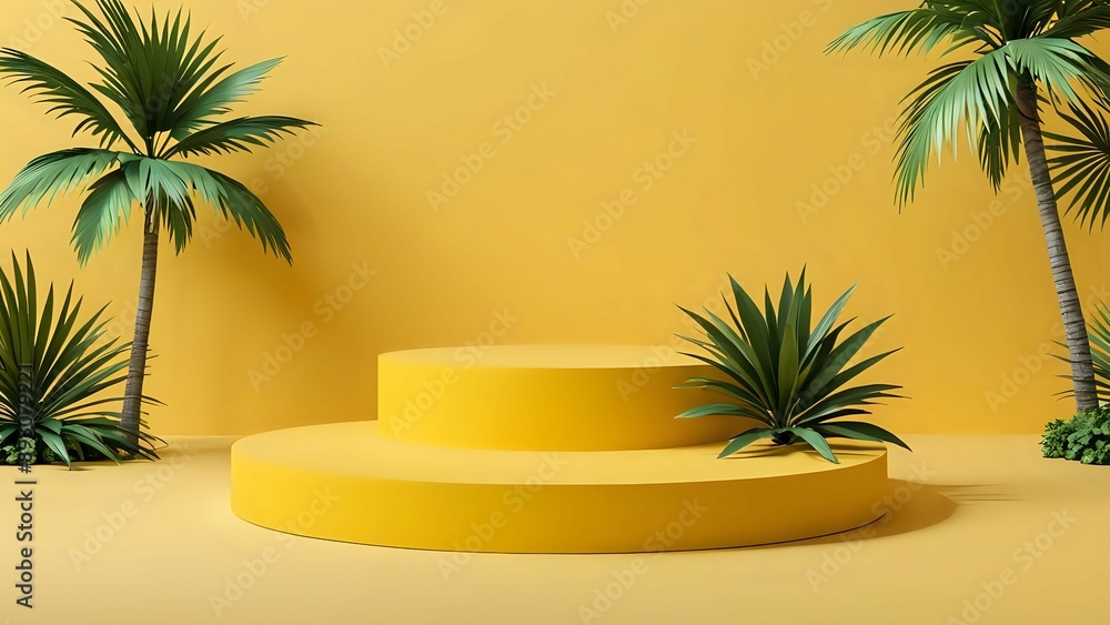 Yellow platform with two levels, surrounded by palm trees and green plants on a yellow background. Yellow platform with two levels, surrounded by palm trees and green plants on a yellow background.